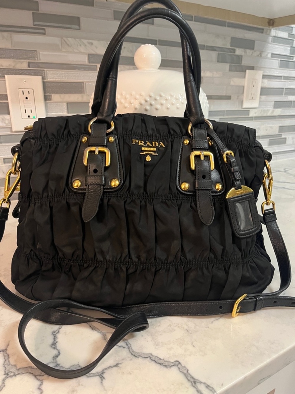 Prada Black Gathered Nylon Satchel with Gold-Tone Hardware